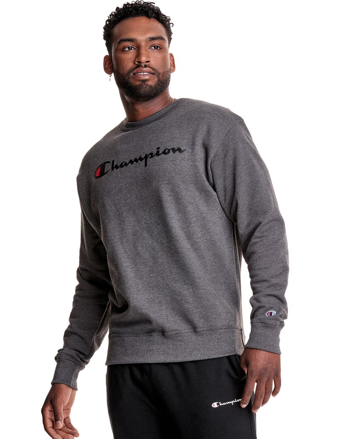 Champion Powerblend Crew Script Logo Sweatshirt Heren - DonkerGrijs - Belgie 9304AUTJM